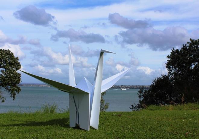 Kirsten Newton, 'Paper Crane.' At NZ Sculpture OnShore, 2014. Photo: Su Leslie