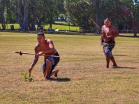 Wero (challenge). A warrior from the tangata whenua (hosts) will challenge the manuhiri (guests), checking to see whether they are friend or foe. He may carry a taiaha (spear-like weapon), and will lay down a token - often a small branch - for the visitors to pick up to show they come in peace. Image: Su Leslie
