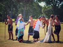 Visitors, in this case a bride and groom, being welcomed onto the Te Tii Waitangi Marae at Waitangi, Northland, NZ. Su Leslie 2017