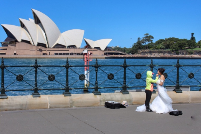 Bride being prepared for her wedding photo shoot, Circular Quay, Sidney, Australia. Image: Su Leslie, 2015