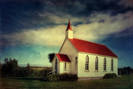 Moody colour shot of Awhitu Central Church, Awhitu, NZ. Image: Su Leslie, 2017
