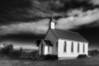 Black and white shot of Awhitu Central Church, Awhitu, soft-focus. NZ. Image: Su Leslie, 2017