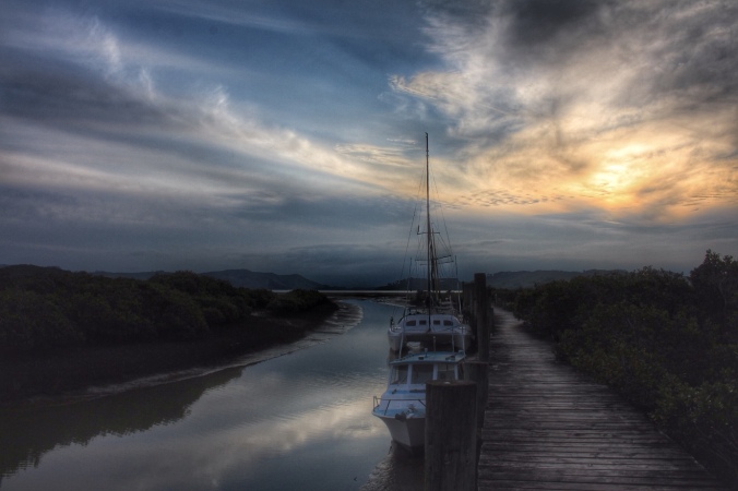 Sunset. Boats moored at at Jack's Point, Whangarahei Stream, Coromandel town, NZ. Image: Su Leslie, 2017