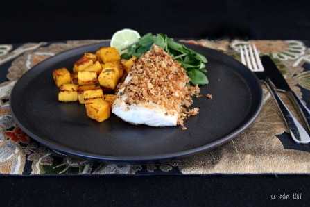 pan-fried tarakihi fillet with rosemary lime crumb, roasted butternut squash and watercress. Su Leslie, 2018