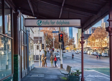 'Tofu for Dolphins' -- naturally. Sign that never fails to amuse me, Victoria Street, North Melbourne. Image: Su Leslie 2019