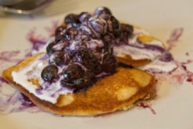 Sourdough hotcakes with blueberries and coconut cream. Su Leslie 2019