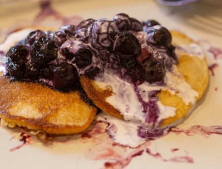 Sourdough hotcakes with blueberries and coconut cream. Su Leslie 2019
