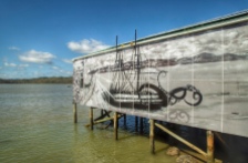 Mural at the wharf, Rawene, NZ. Image: Su Leslie 2019