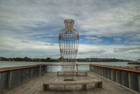 Hinaki/Guardian, sculpture by Virginia King sited on Hobsonville Point Wharf. Image: Su Leslie 2019